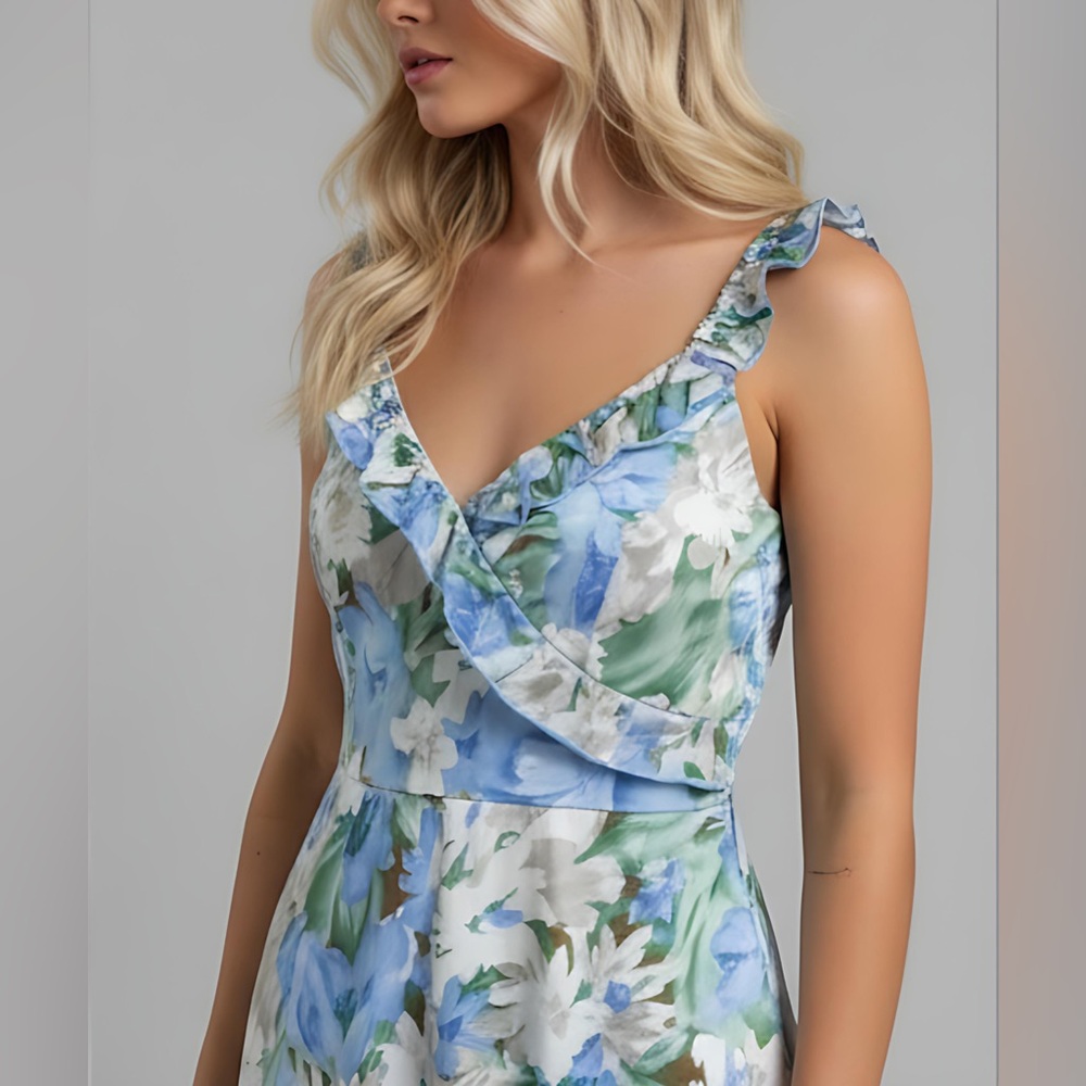 Blue Flower Print Ruffle Hem Mini Cami Dress - Picture 2 of 9